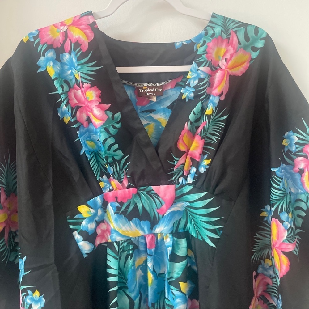 Vintage Tropical Eve Hawaii Muu Muu Kaftan Maxi Dress Black Floral Kimono OS - Picture 2 of 6